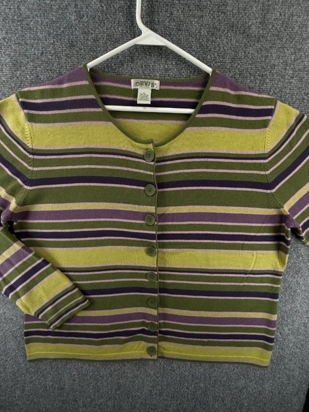 Orvis Cardigan Sweater Women XL Cotton Blend Striped Green Purple Knit Stretch